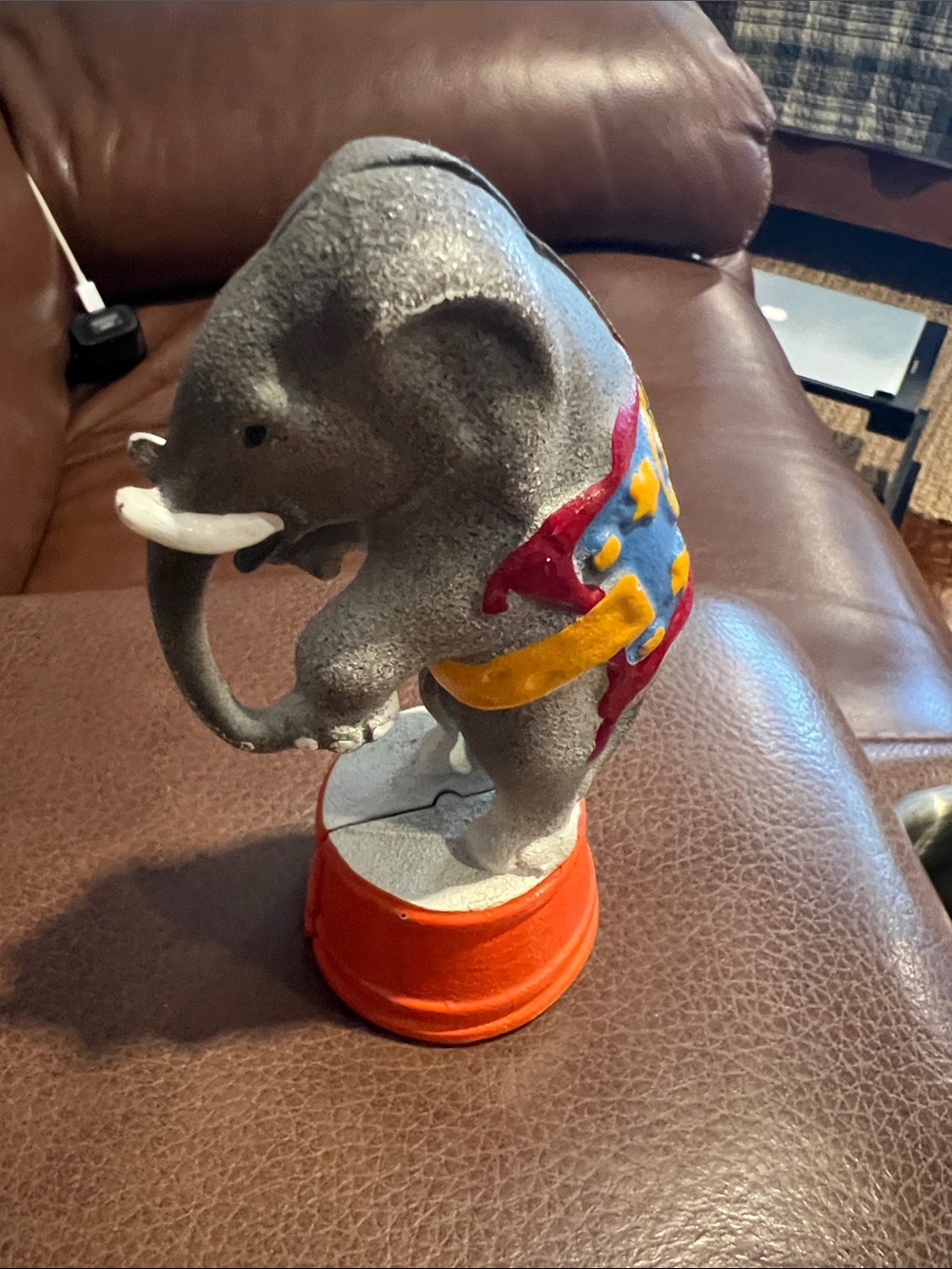 Decorative Gray Circus Elephant Figurine with Colorful Saddle